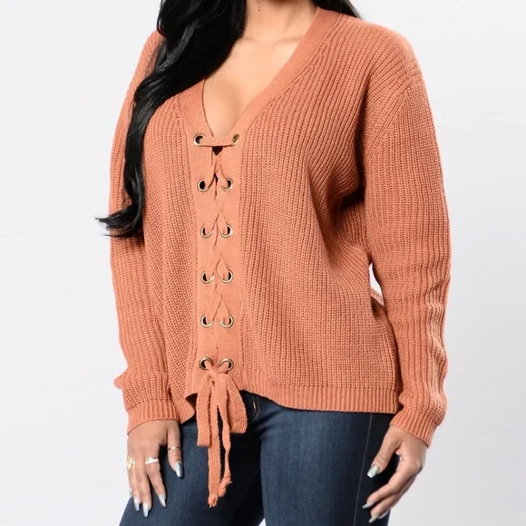 Long Sleeve Lace Up Tie Sweater - Picture 1 of 8